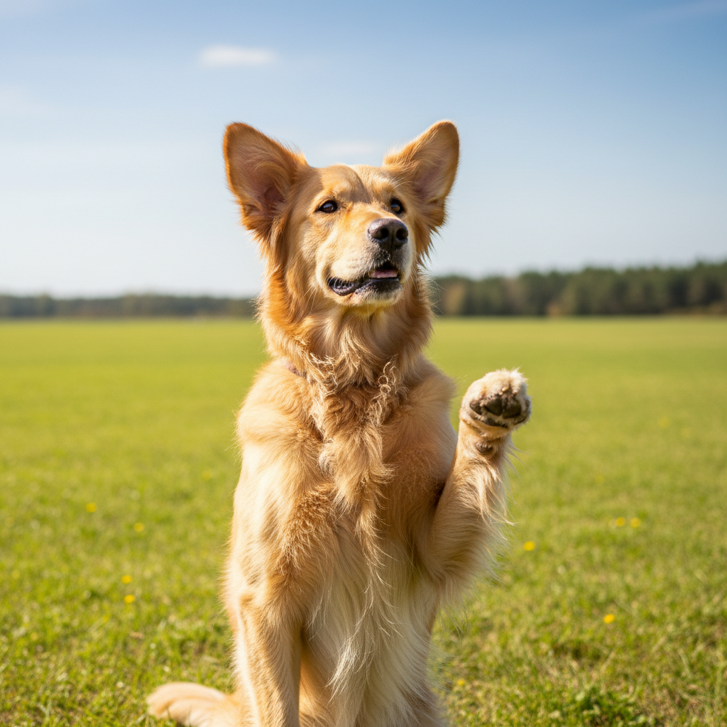 Dog sitting attentively during training session outdoors, bright natural light