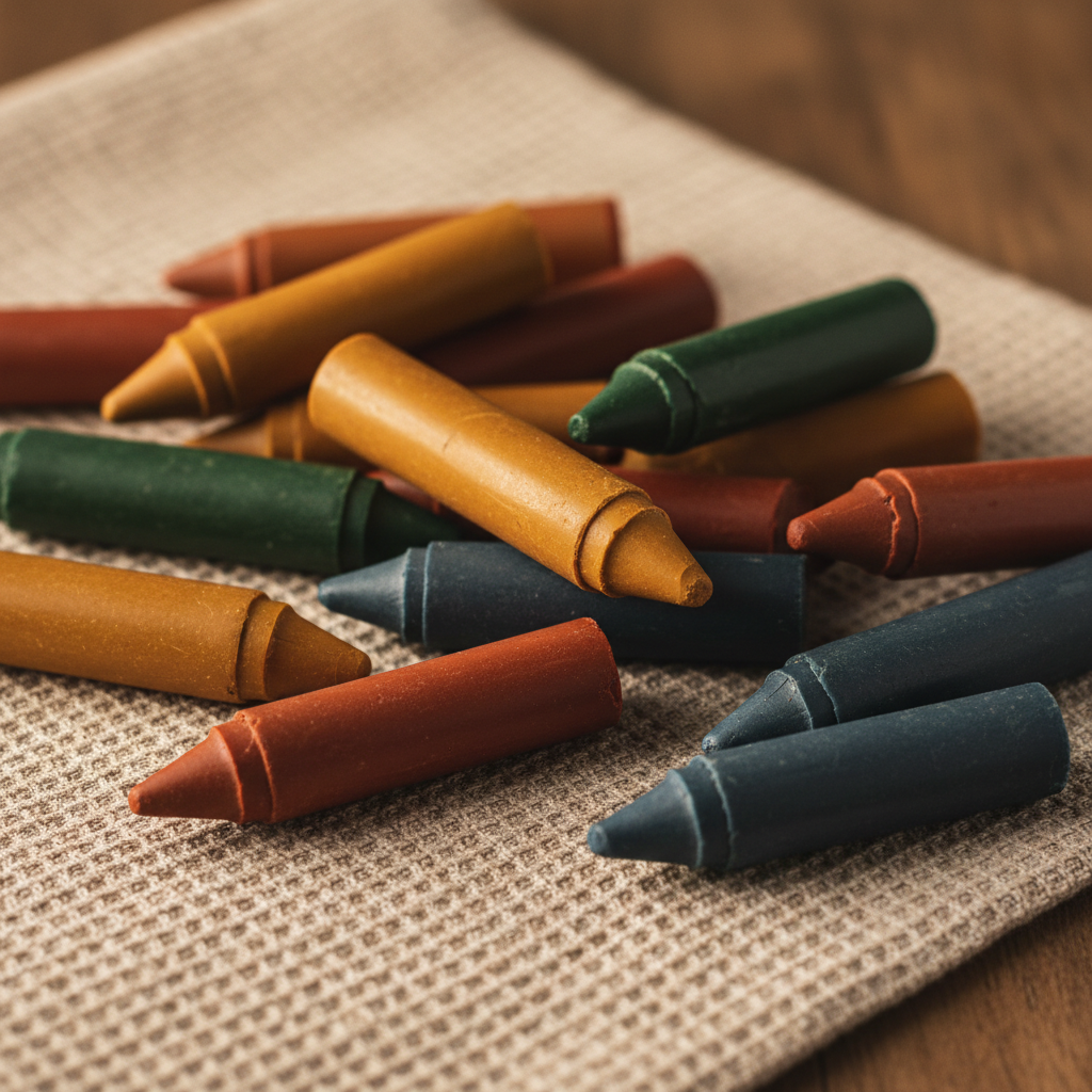 Warm golden beeswax crayons with earthy pigment colors arranged on natural linen cloth with honeycomb texture