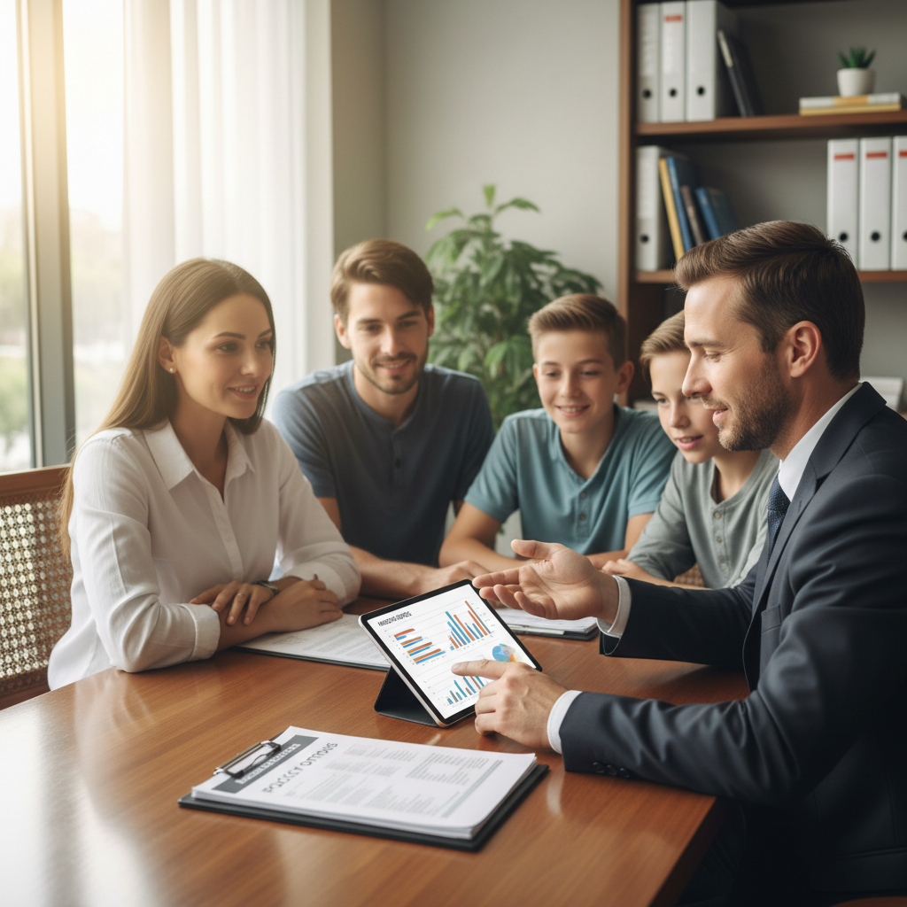 Licensed insurance agent Patrick Chua consulting with a family about their home and auto insurance coverage options