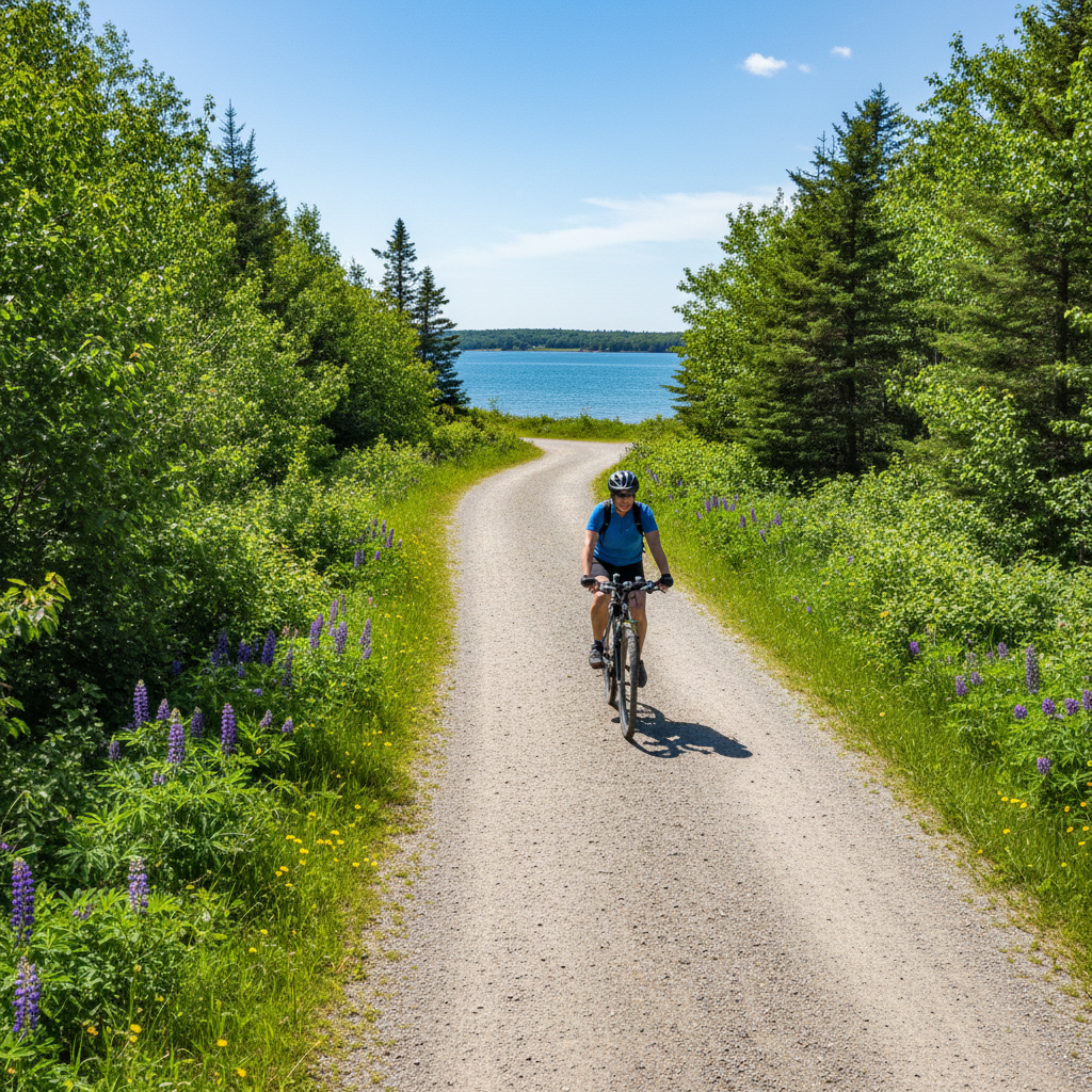 Confederation Trail Bike Rental — cycling along the Confederation Trail in St. Peter's Bay PEI