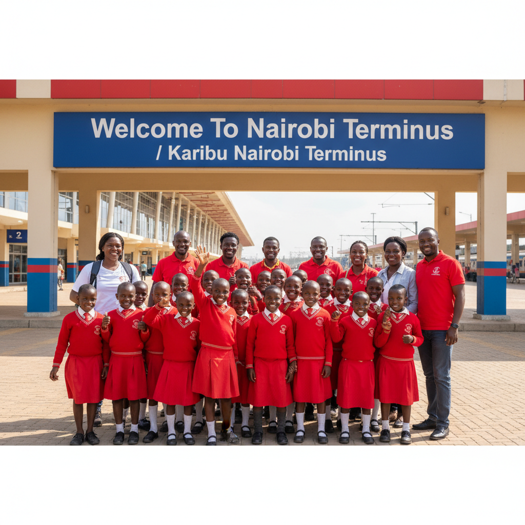 Hope Resilience Academy school children in red uniforms posing at Nairobi Terminus with adults, welcome sign reading "Welcome To Nairobi Terminus / Karibu Nairobi Terminus" visible above