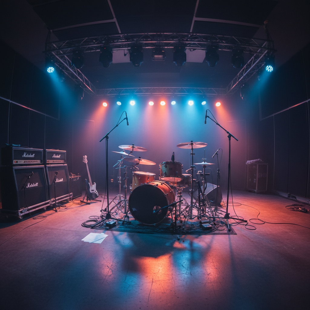 Large professional live rehearsal room with stage lighting, full drum kit and multiple amplifiers