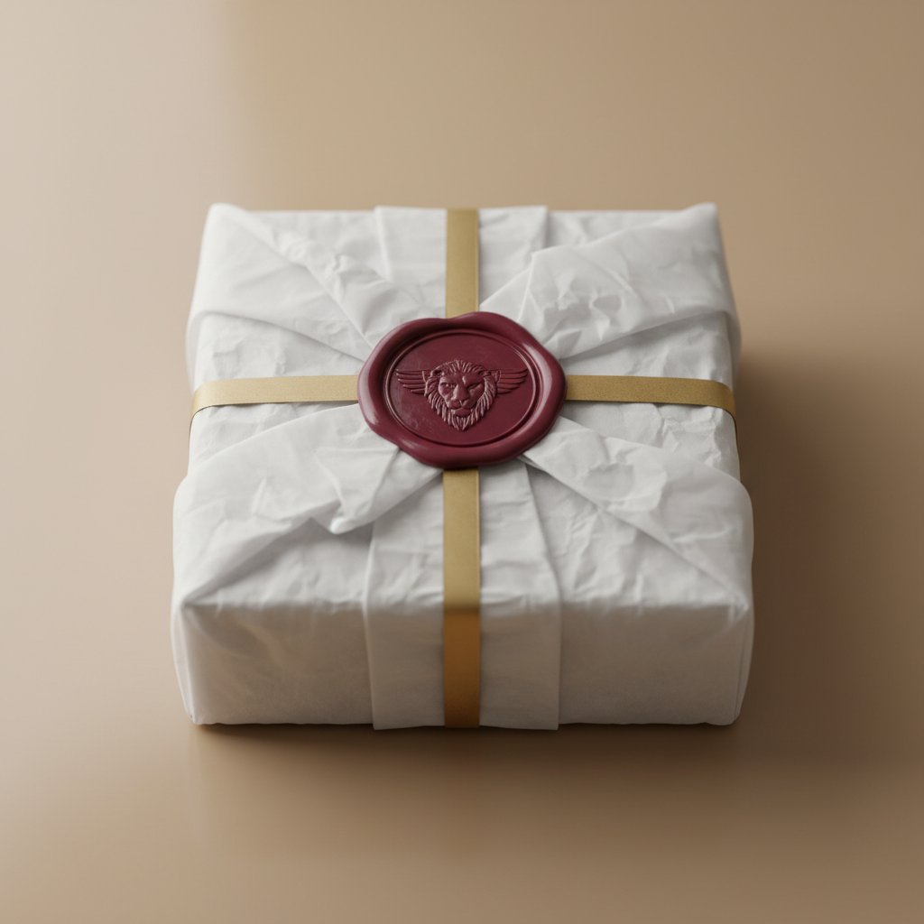 Gift-wrapped eyewear box with tissue paper and wax seal