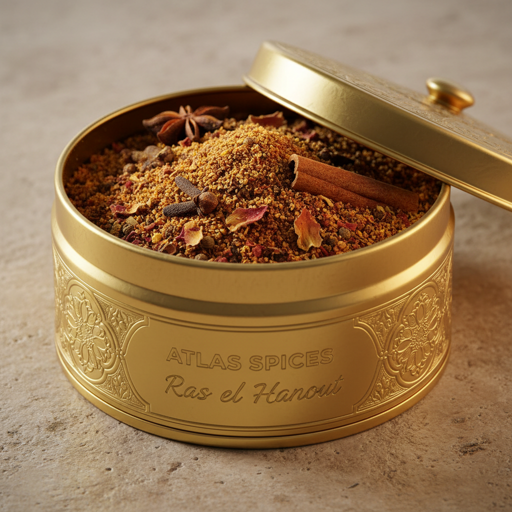 Small brass tin of ras el hanout blend with saffron and rose petals visible on top