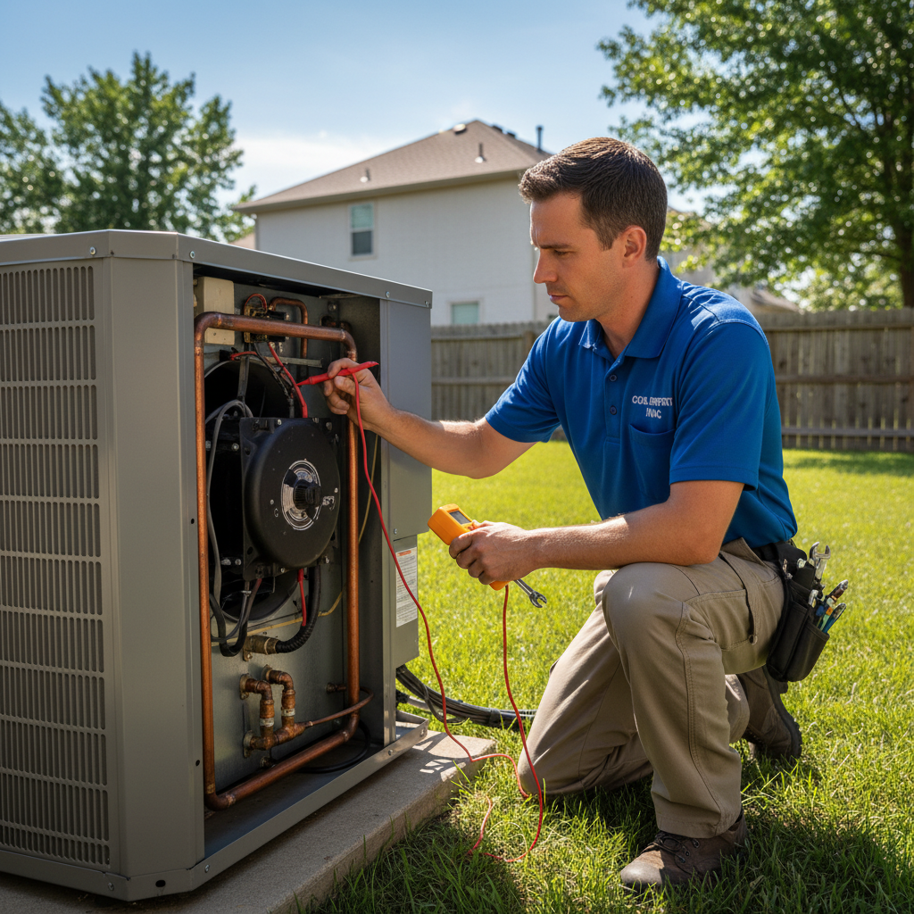 HVAC technician inspecting air conditioning unit outdoors, professional uniform, clear sky background