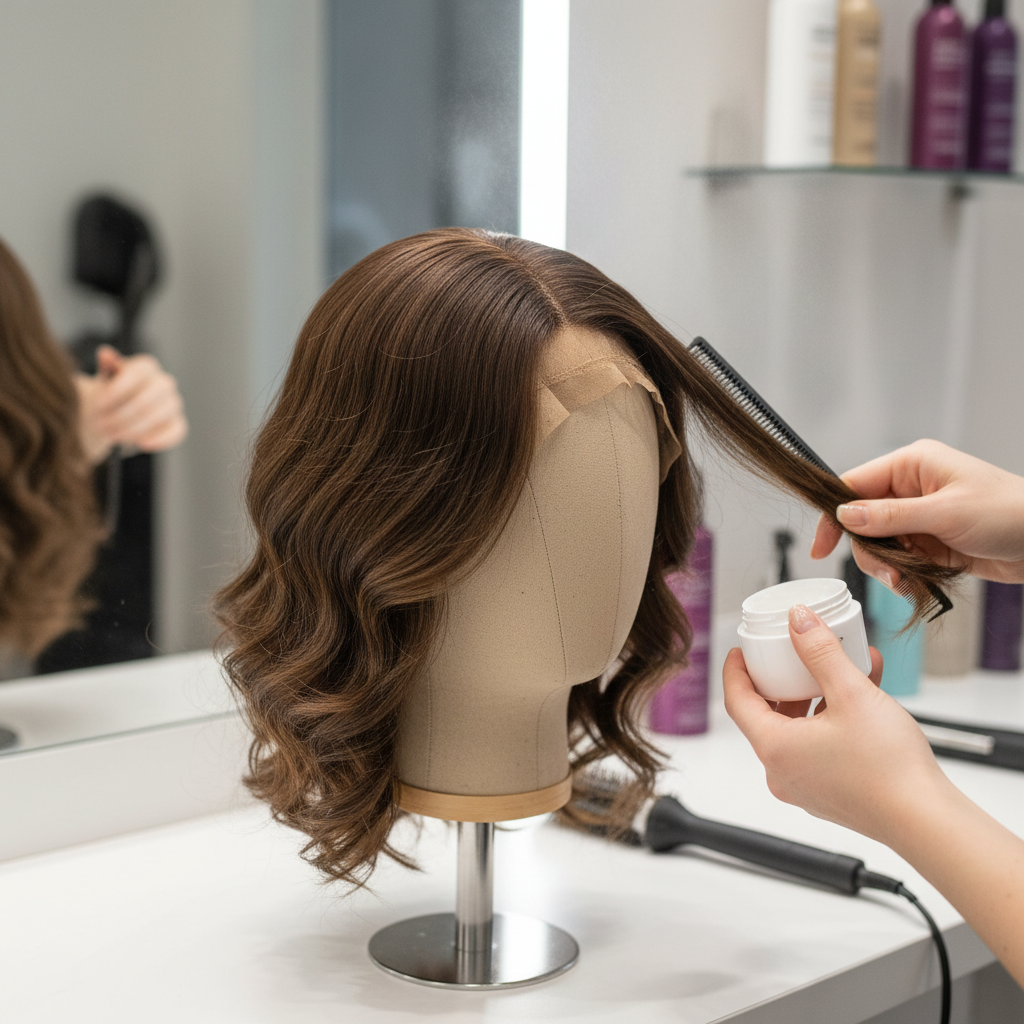 Short bob wig installation, stylist adjusting fit, bright salon interior