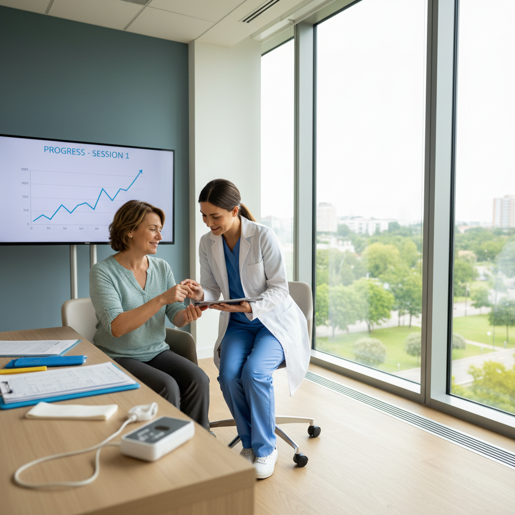 Doctor reviewing patient information on laptop screen in clean modern medical office, natural light, professional setting
