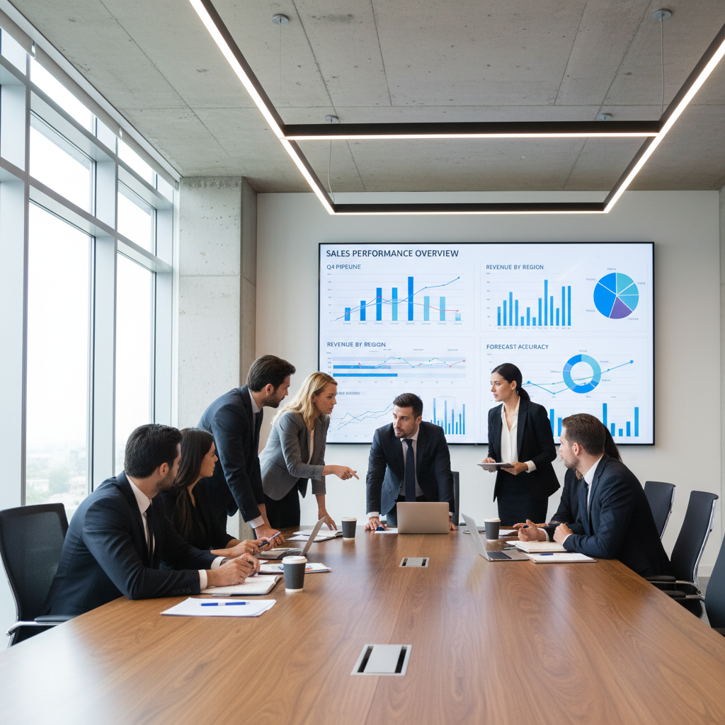 Sales team reviewing CRM pipeline dashboard on large monitor in open office