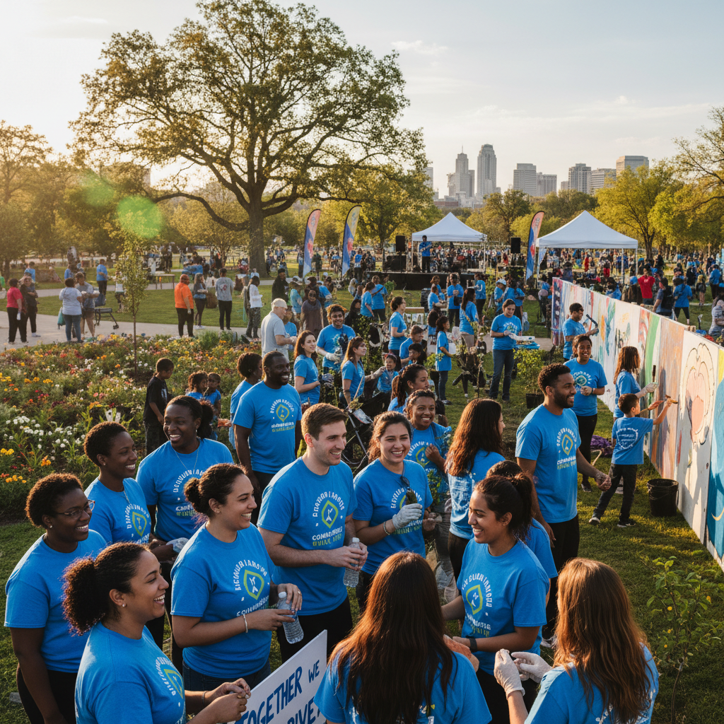 Trust members gathered at community service event, warm golden daylight, volunteers smiling