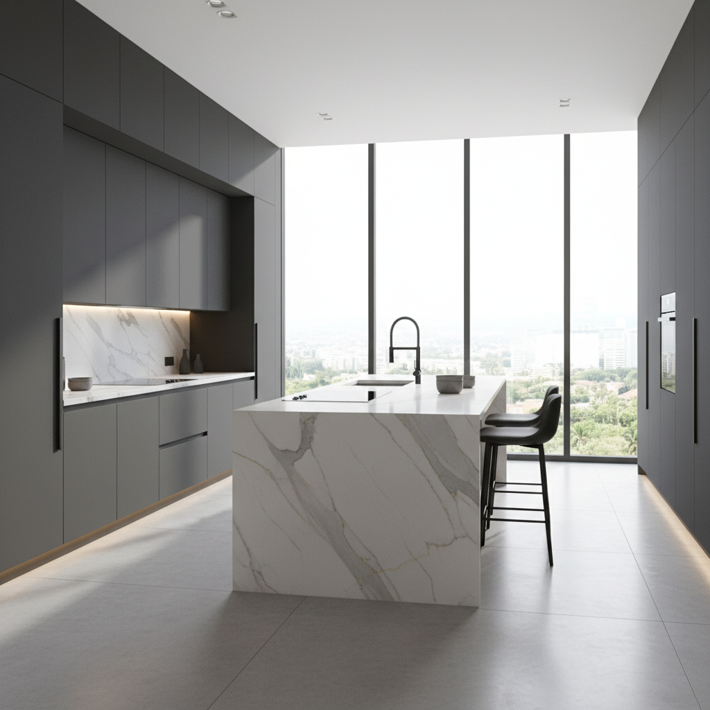 White kitchen with modern handleless cabinets and marble countertop