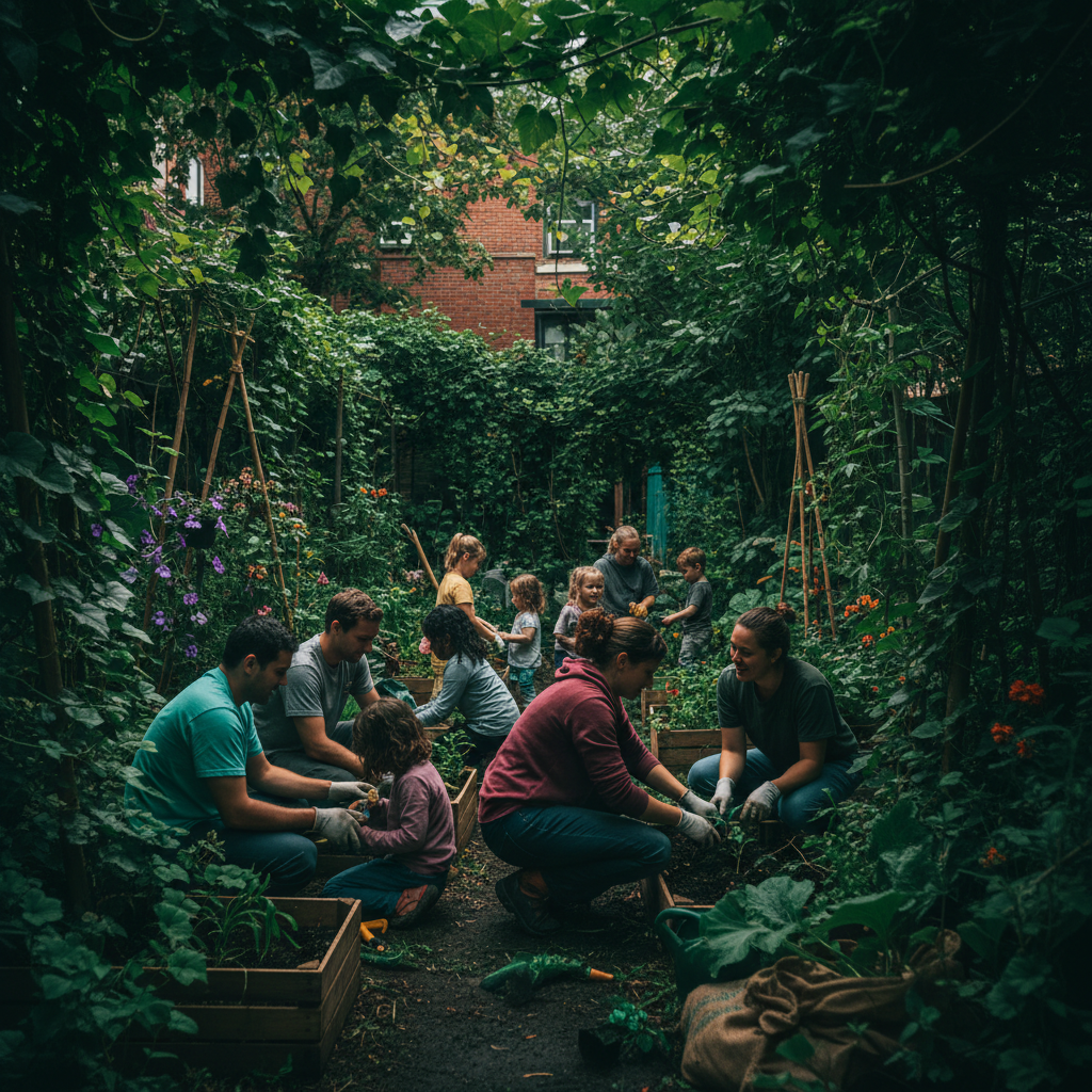Community gathering outdoors, dim atmospheric warm-light setting, deep earthy shadows, low-key natural environment