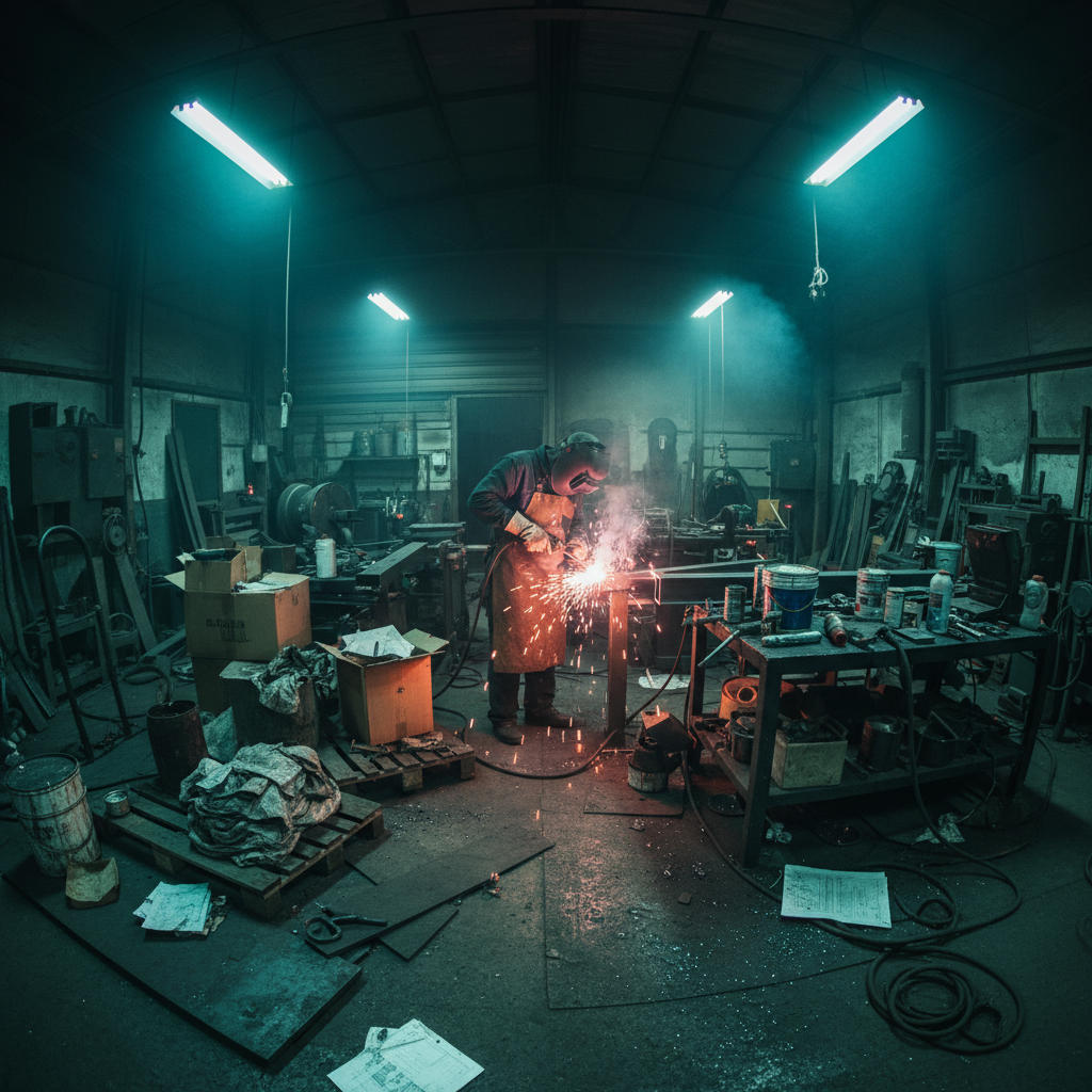 Professional welder in protective gear fabricating structural steel in a workshop, dark industrial setting
