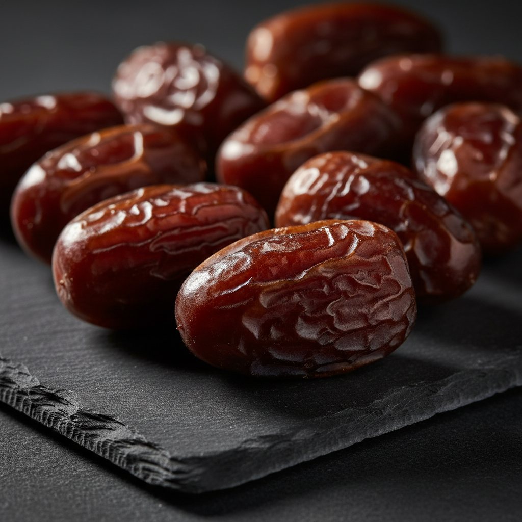 Premium dark Ajwa dates in a wooden bowl on a light beige surface with soft natural lighting