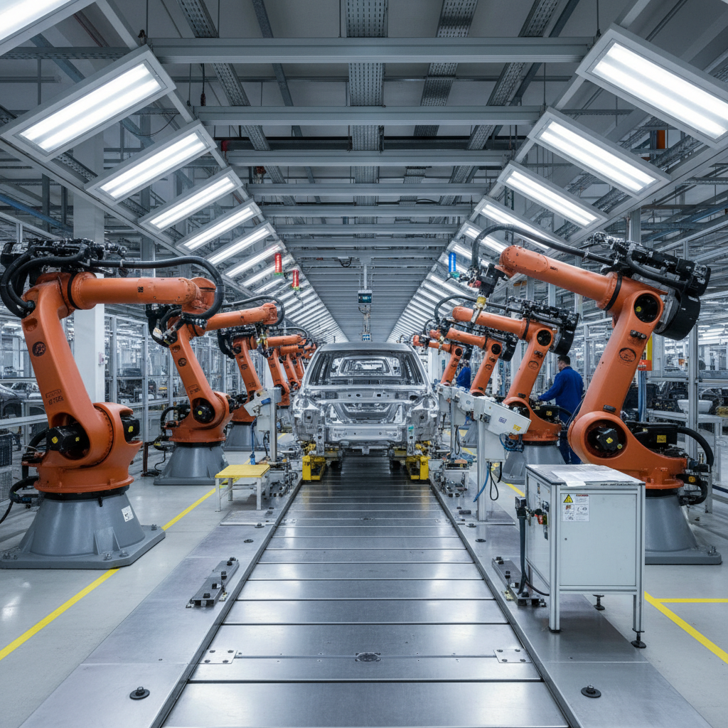 Automotive assembly line with precision conveyor indexing system and robotic arms