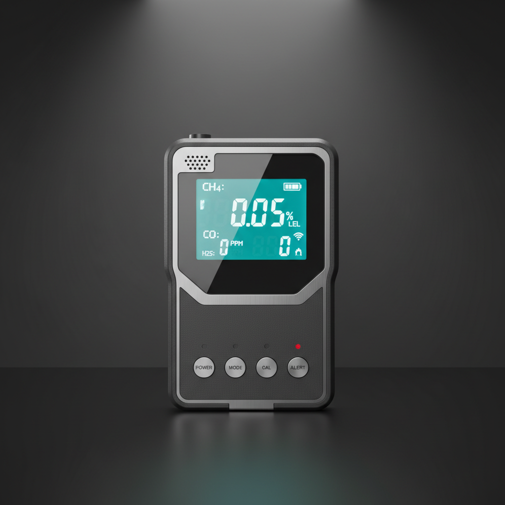 Modern electronic gas detector device with digital display showing gas readings