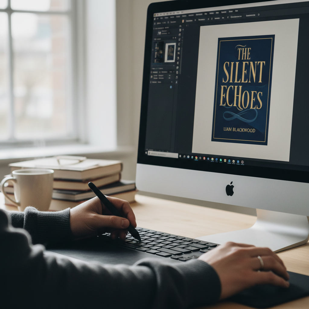 Designer working on book cover design on computer