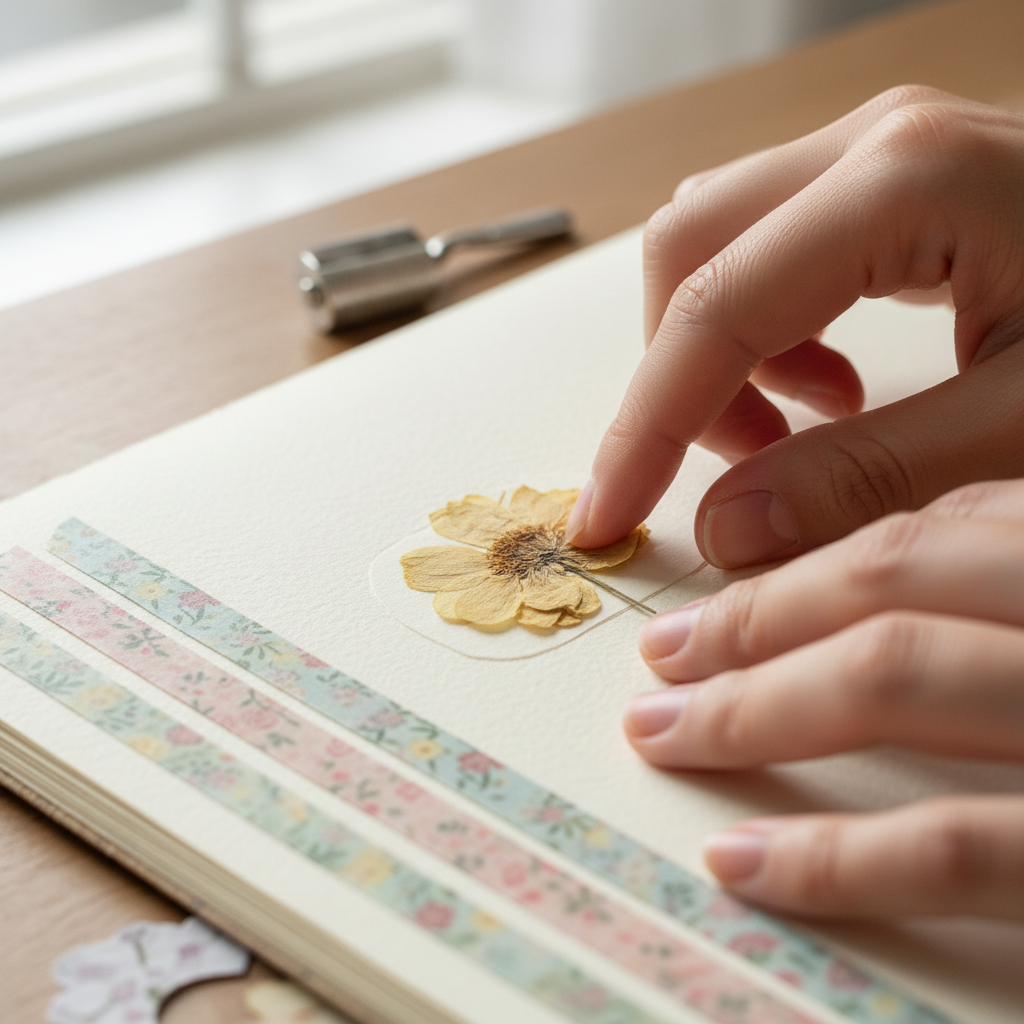 Hands pressing a dried flower onto a cream scrapbook page with washi tape strips nearby