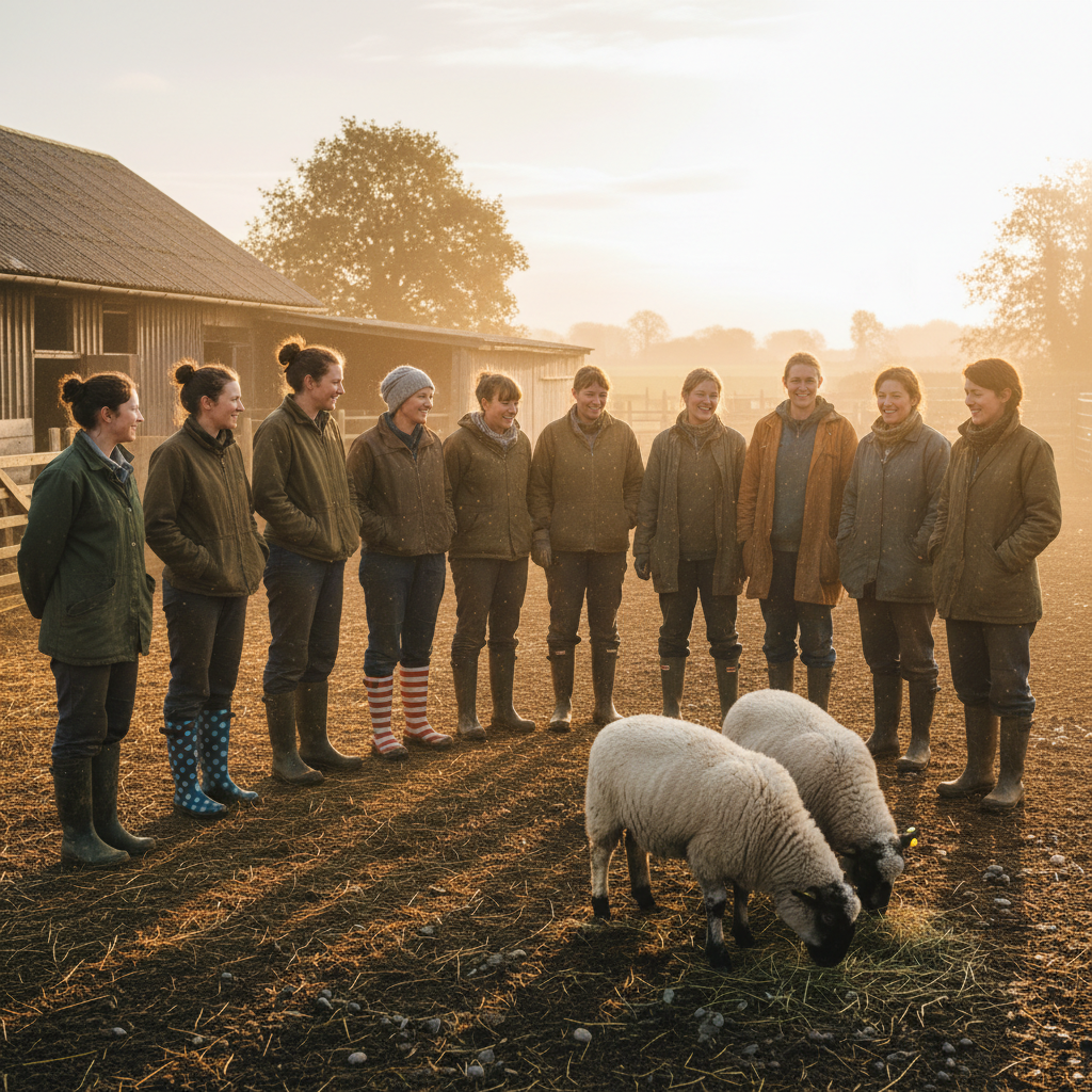 Twelve sanctuary volunteers in mismatched wellies standing in a loose semicircle in the yard, two rescue sheep in the foreground, golden-hour light catching dust in the air