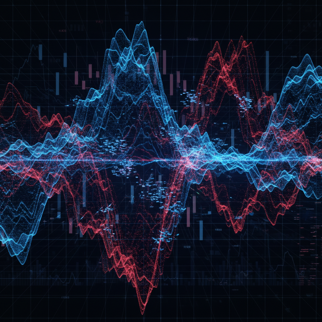 Dark abstract financial graphs on moody background, shadowed data visualization