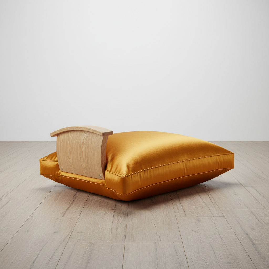 Corner floor cushion piece with saffron silk fabric and wooden armrest detail
