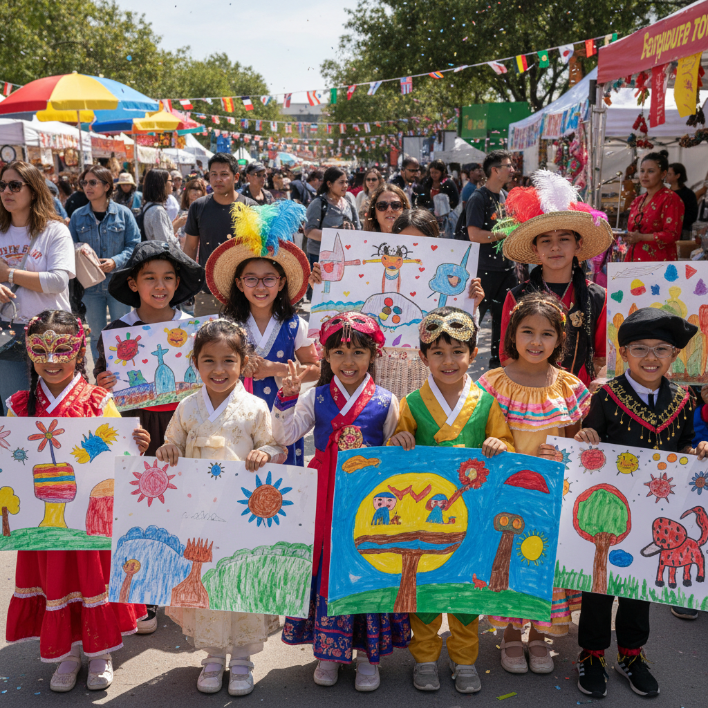 Niños y jóvenes participando en festival cultural con expresiones artísticas en escenario colorido
