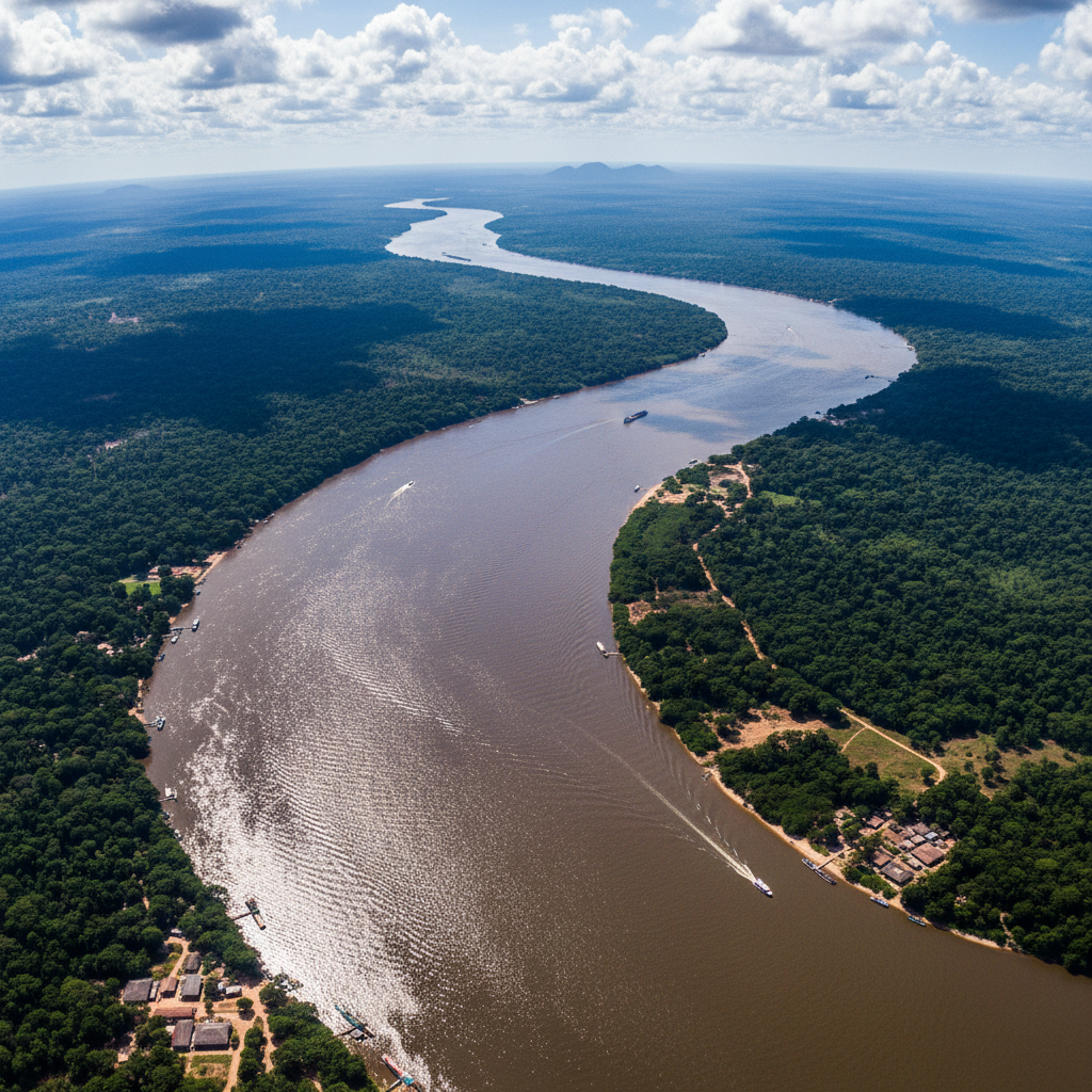 Aerial view of Amazon river winding through dense green rainforest at sunset