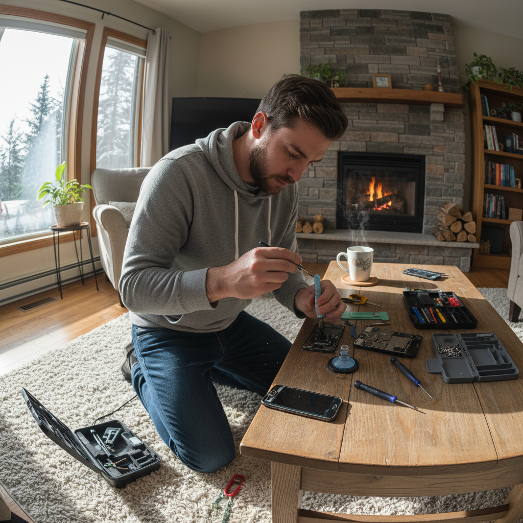 Phone repair technician working at customer home in Northern Ontario, bright living room, natural daylight
