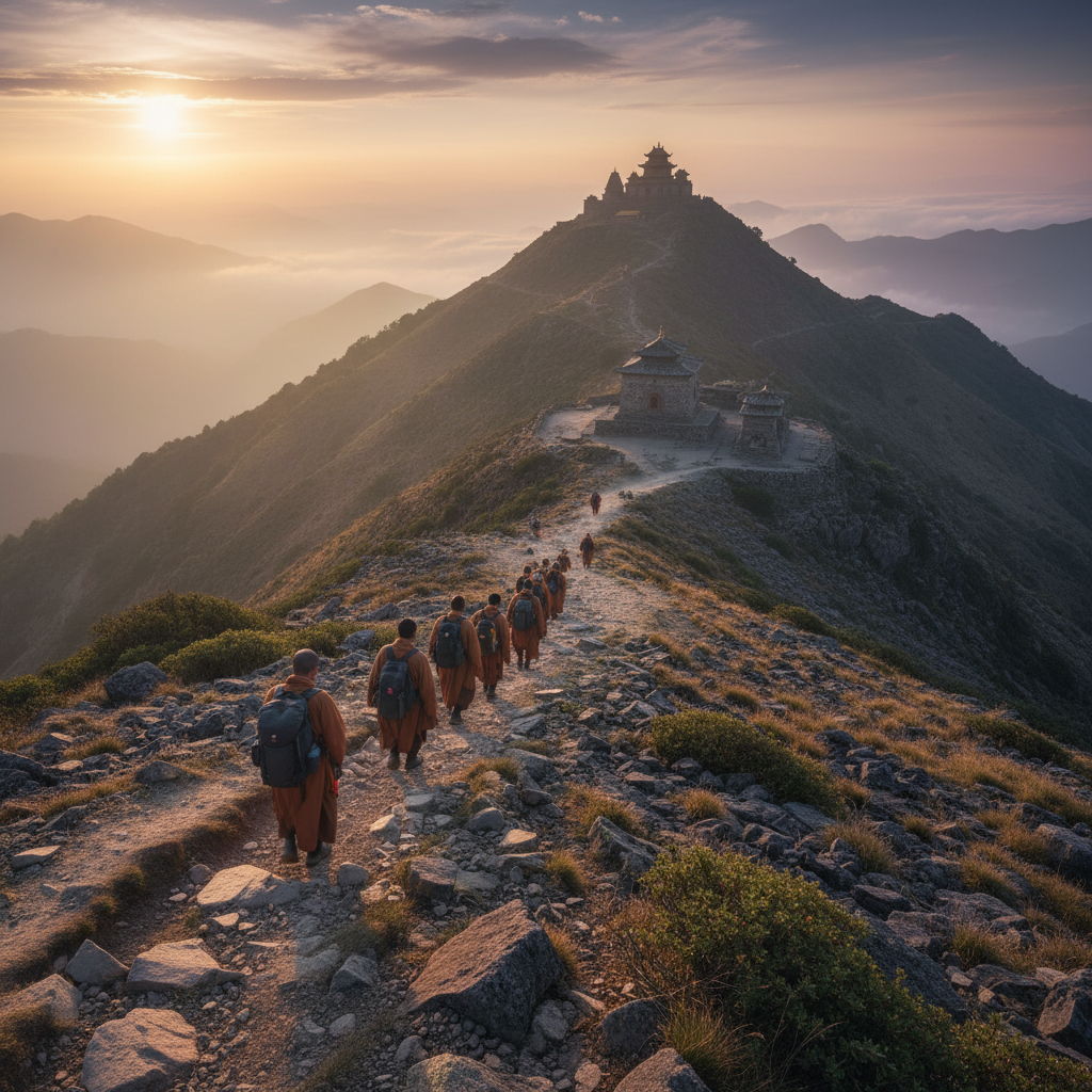 Pilgrims walking in single file along a mountain path toward a distant temple at dawn