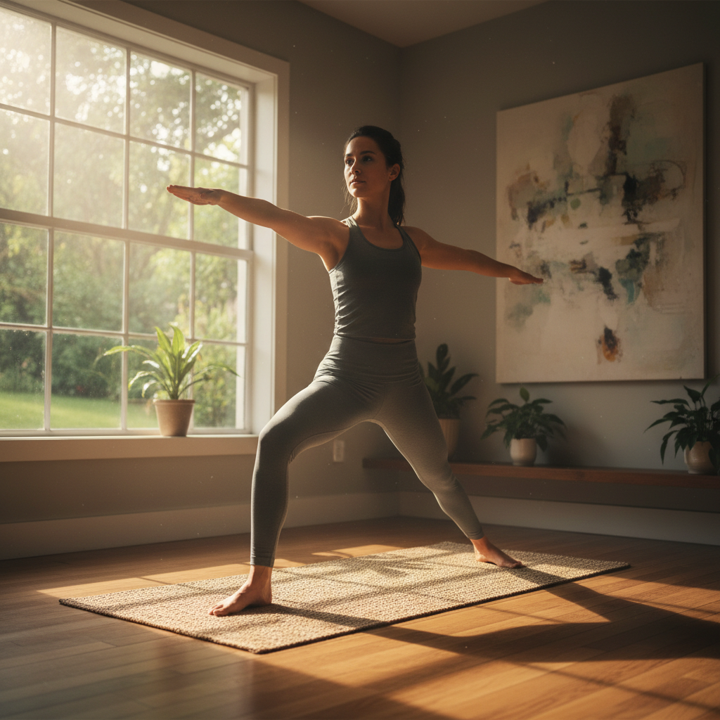 Persian woman in athletic wear doing gentle yoga poses on mat in living room with warm evening light, plants in background