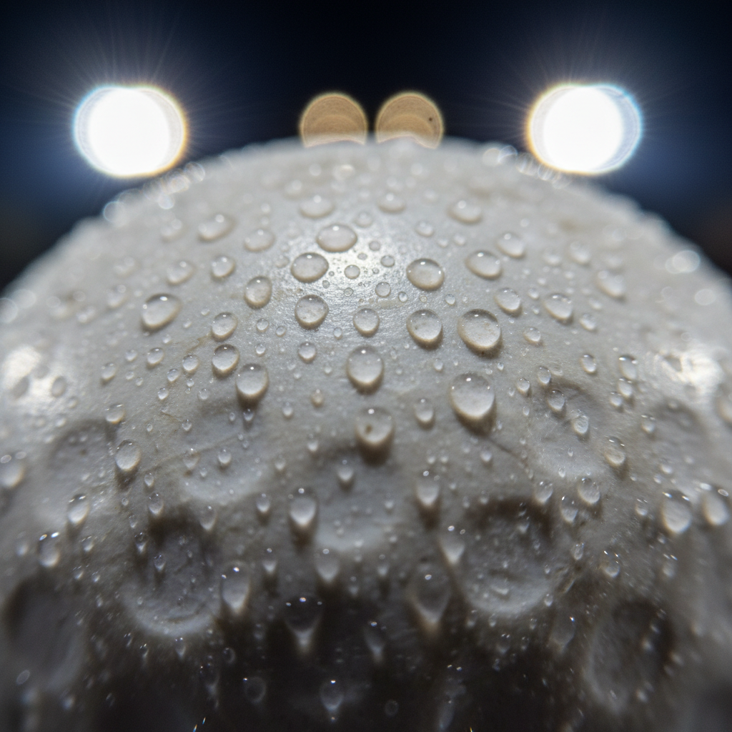 Extreme macro close-up of field hockey ball surface with water beads catching floodlight
