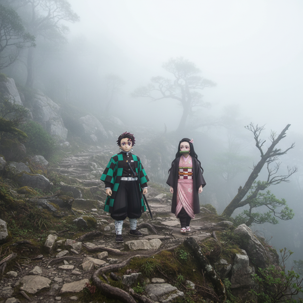 Tanjiro and Nezuko walking down a misty mountain path at night