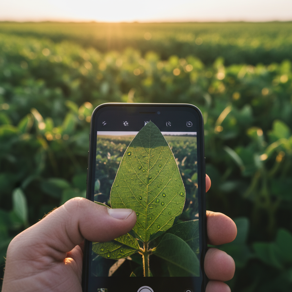 Farmer walking through vibrant green crop rows at golden hour, lush vegetation, peaceful