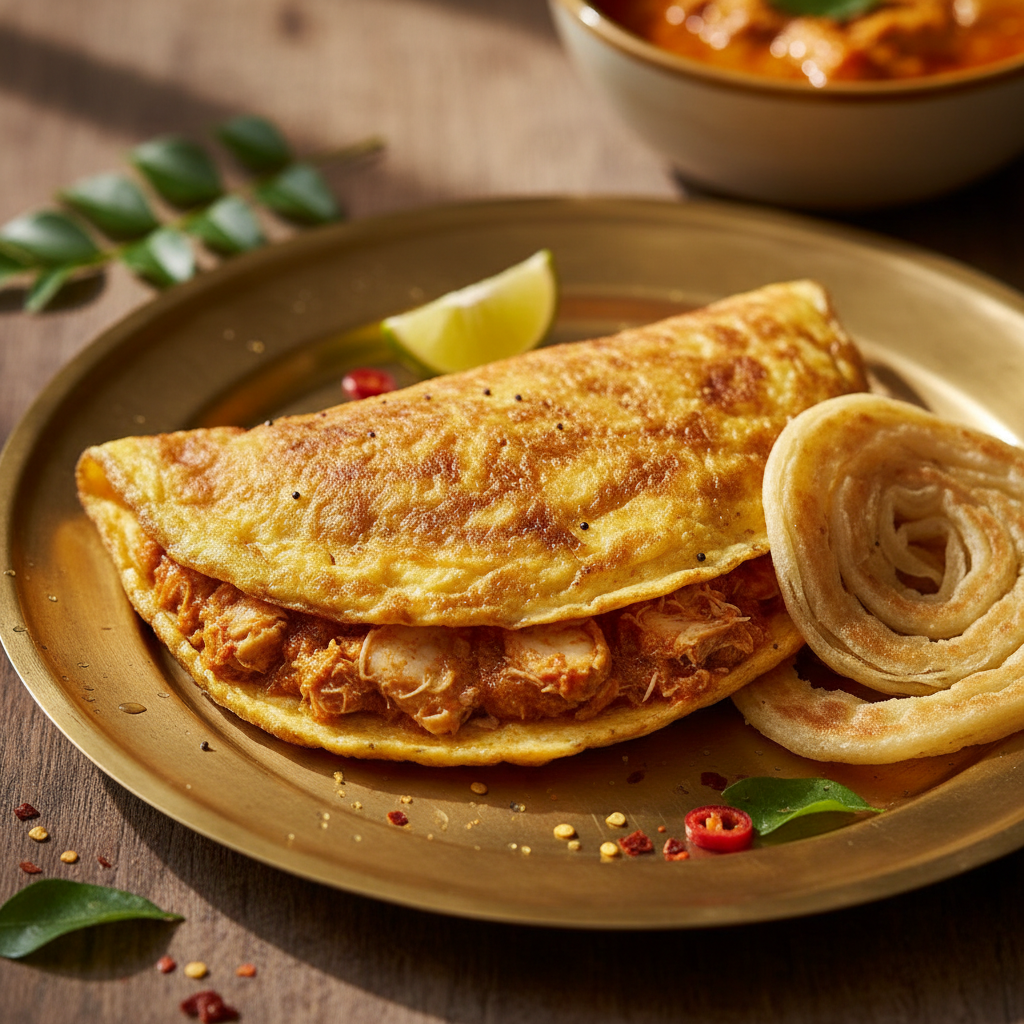 Golden crab curry omelette folded on brass plate with thread parotta alongside