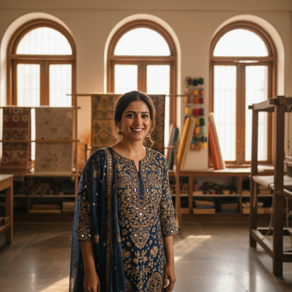 Priya, founder of Loomi and Co., smiling warmly in her Jaipur studio