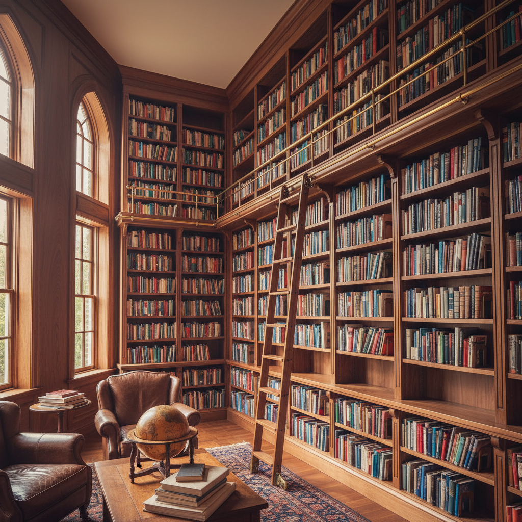 Floor-to-ceiling custom teak bookshelf with integrated lighting, ladder, and curated book collection in a home library
