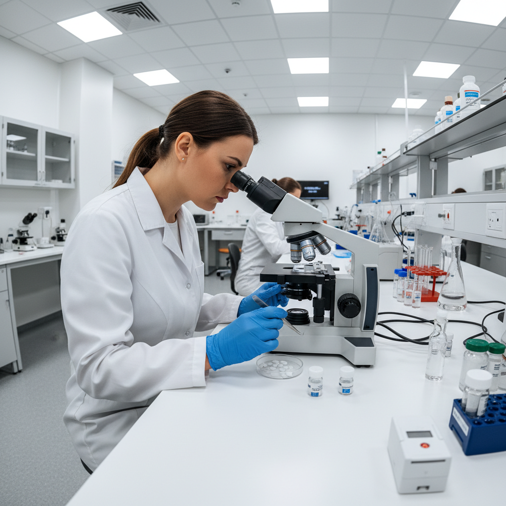 Quality control laboratory with pharmacist examining products under microscope