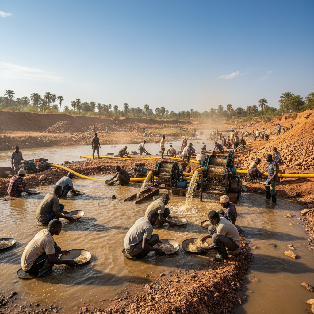 Artisanal miners at work in gold mine in Ituri Province DRC, cooperative operations
