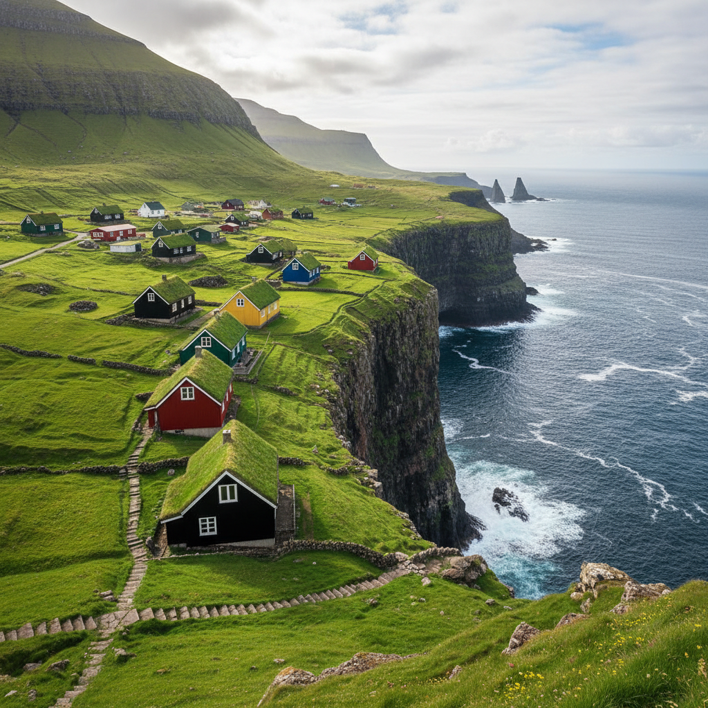 Remote island village with grass-roofed houses, dramatic cliffs plunging into dark ocean, overcast atmospheric sky, moody low-light