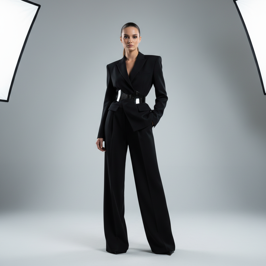 Fashion model posing in an editorial outfit against a clean background