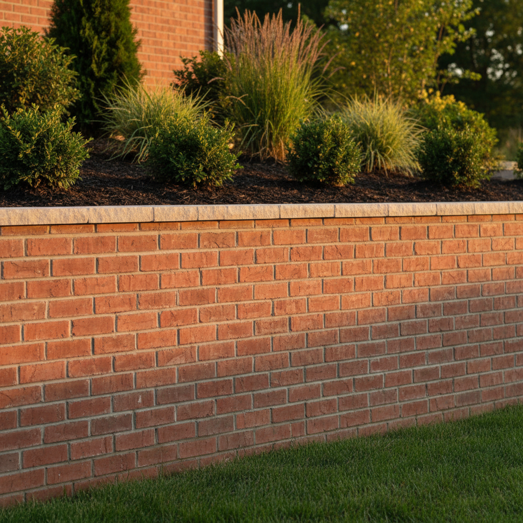 Newly completed brick retaining wall project showing straight plumb courses with clean raked mortar joints