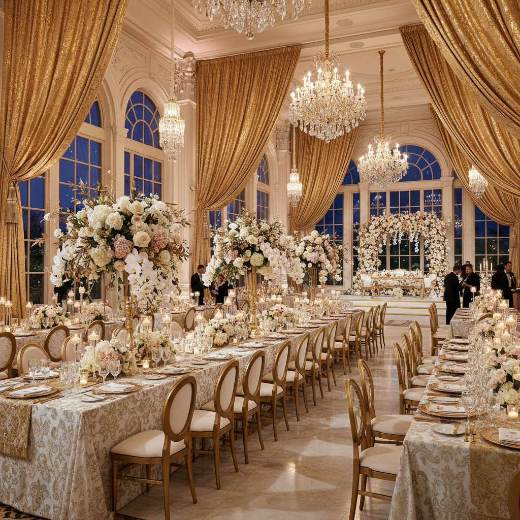 Royal banquet hall with orchid floral decor and golden ceiling for weddings