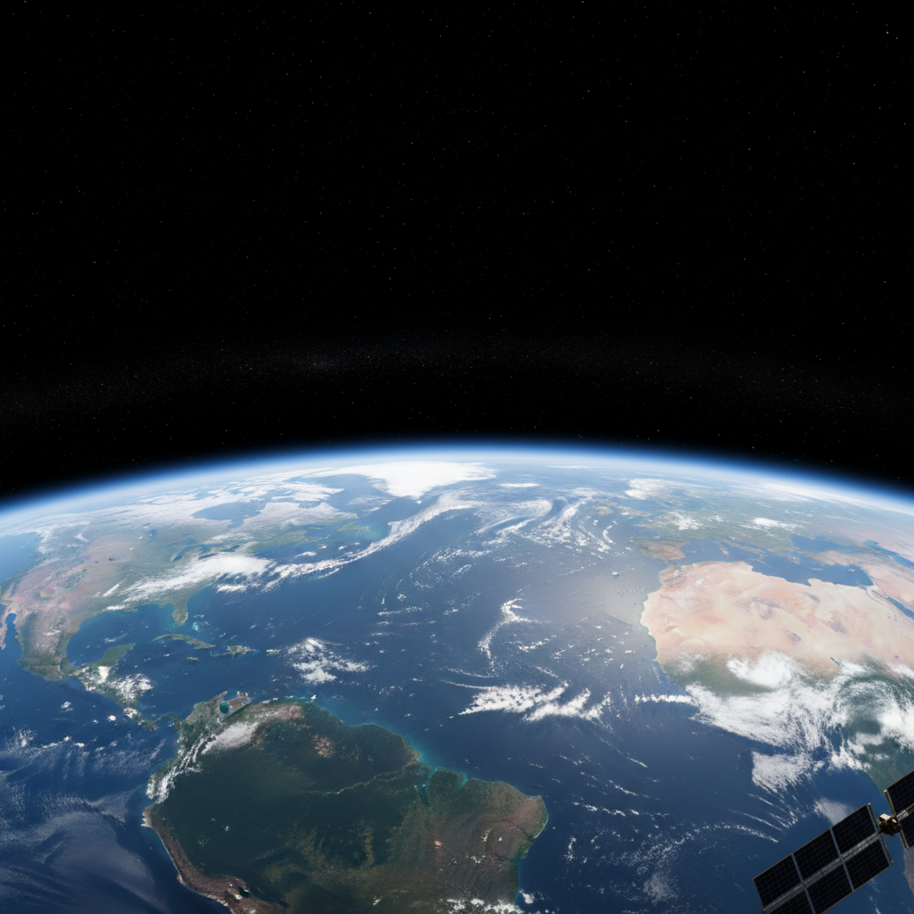 Earth from orbit with dark space background, deep blue planet below, dim atmospheric glow, low-key cosmic lighting