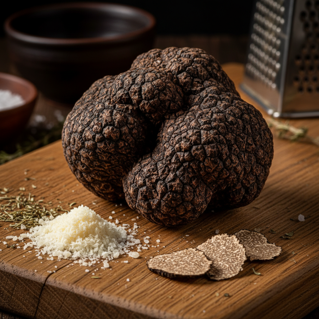 Black truffle on rustic wooden board, bright natural light, earthy luxurious presentation