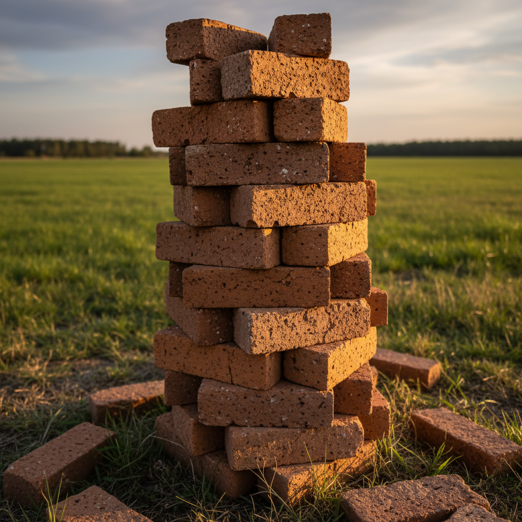 Hand-thrown brick stack in open air with late-afternoon side light raking across terracotta surface, pores and iron flecks visible, blurred meadow and treeline in background