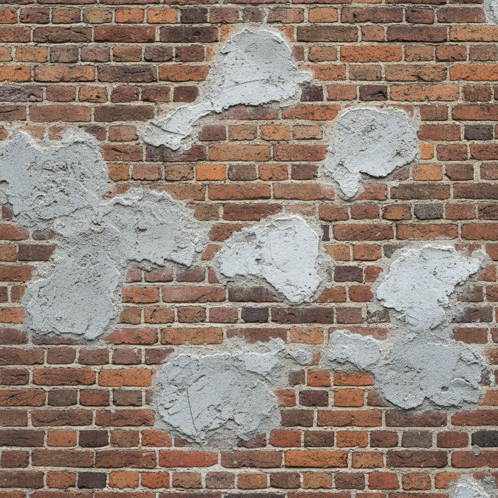 Historic brick facade with mismatched modern repair mortar standing out against original masonry
