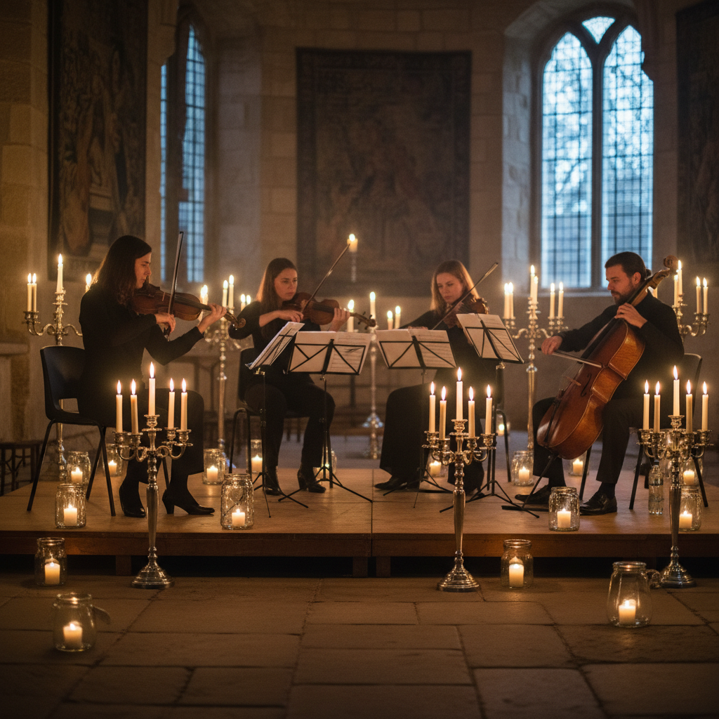 String quartet performing in intimate recital room, candlelit warm amber glow, dark wood walls, atmospheric shadows