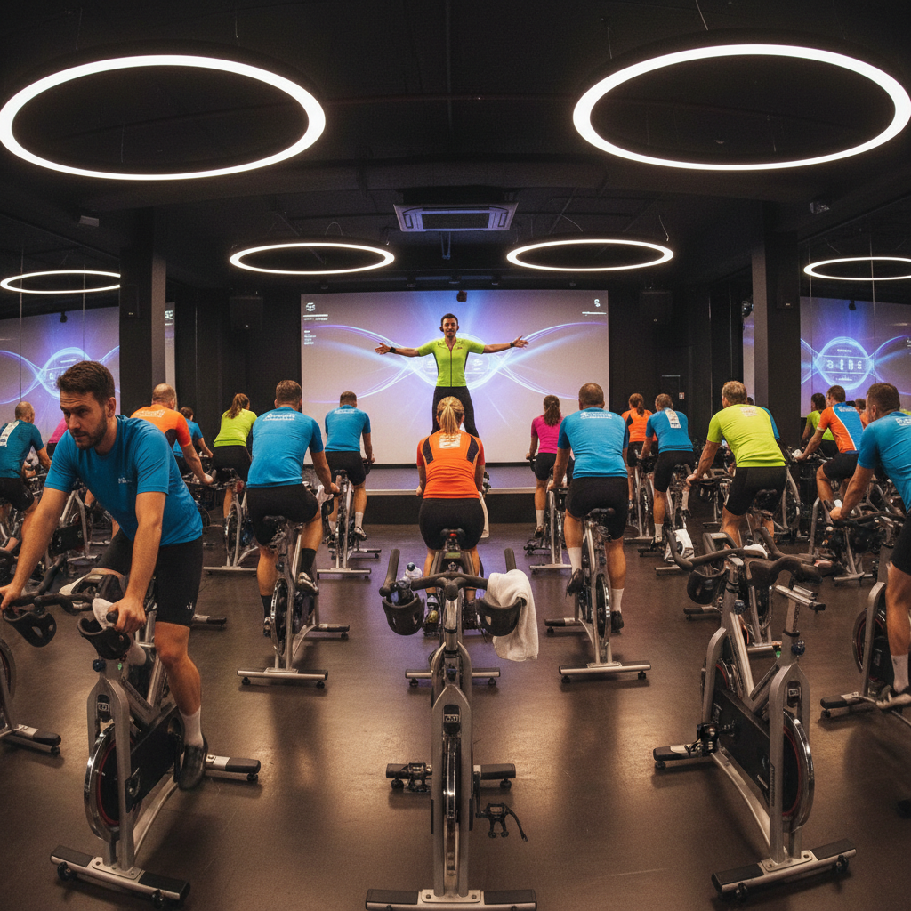 Spinning class with stationary bikes and energetic instructor