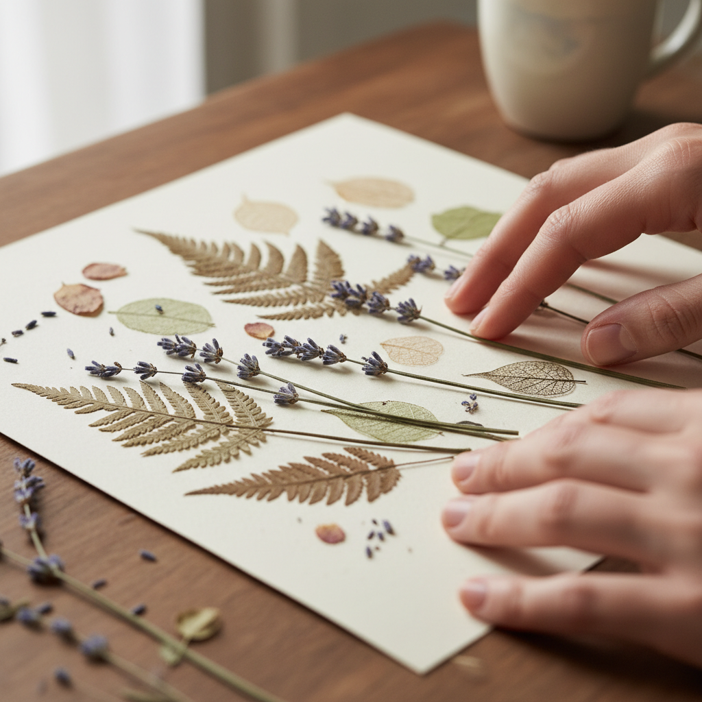 Close-up of hands carefully sorting and inspecting dried botanical material on a wooden surface, natural light, detailed texture