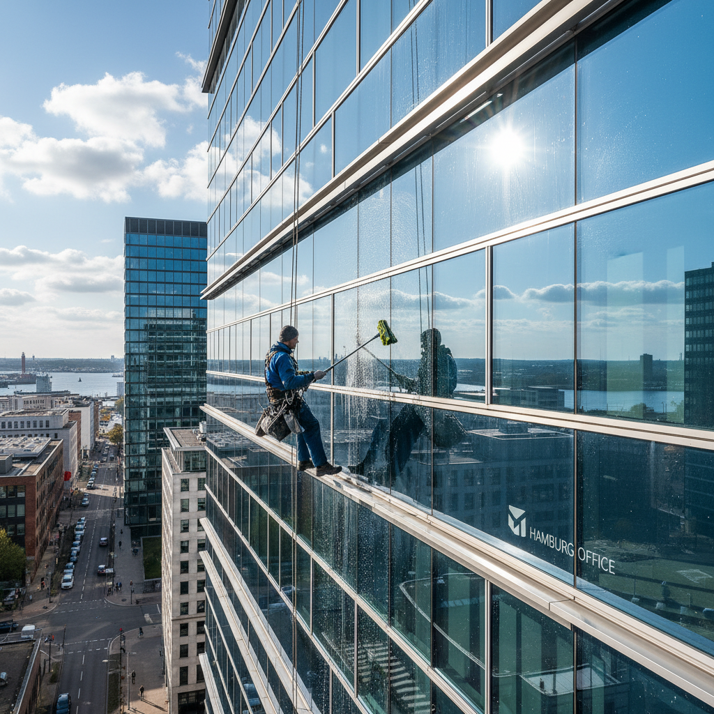 Professionelle Glasreinigung, streifenfreie Fenster, Hamburg Bürogebäude, Tageslicht