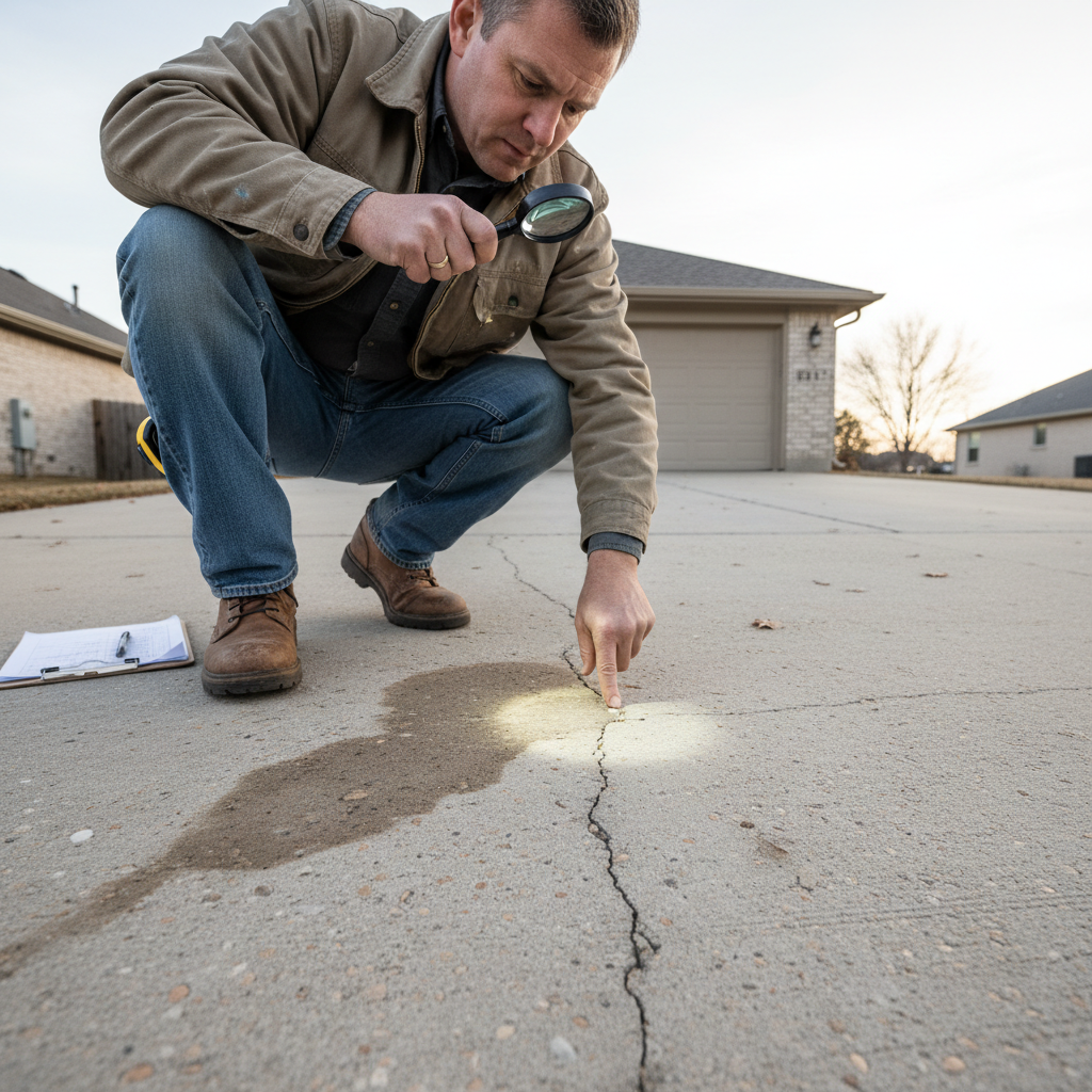 Estimator crouching beside a concrete driveway examining surface texture and staining patterns